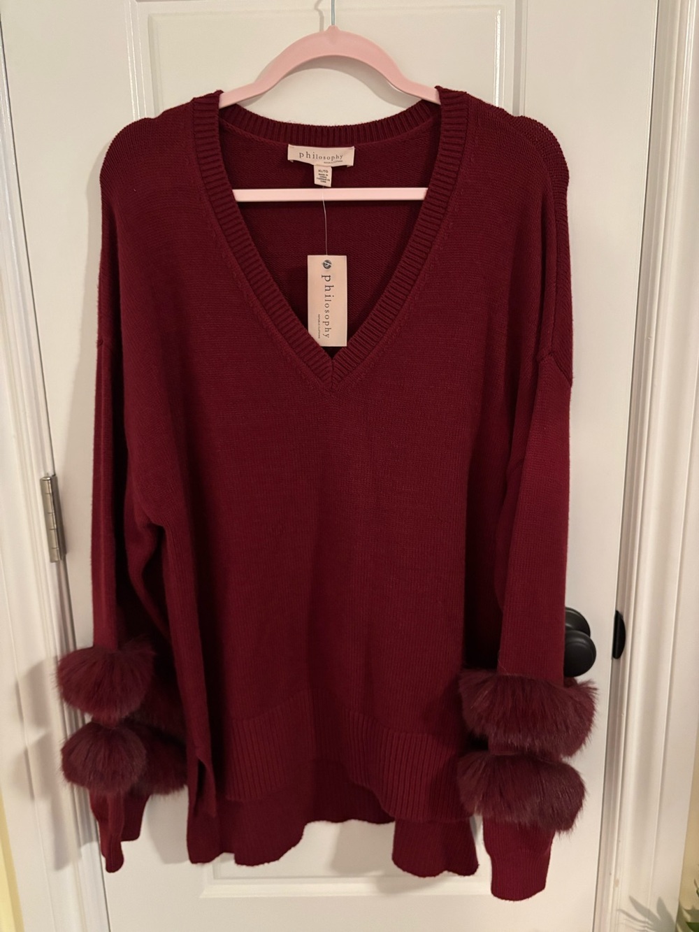 Philosophy Wine Red V-Neck Sweater with Faux Fur Sleeve Pom Poms